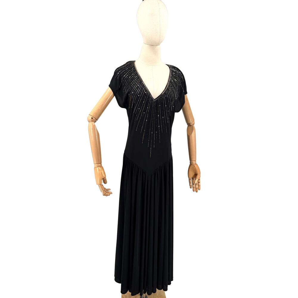 Vintage 80s Nuit Black Drop Waist Beaded Sunburst Flounce Glam Evening Dress